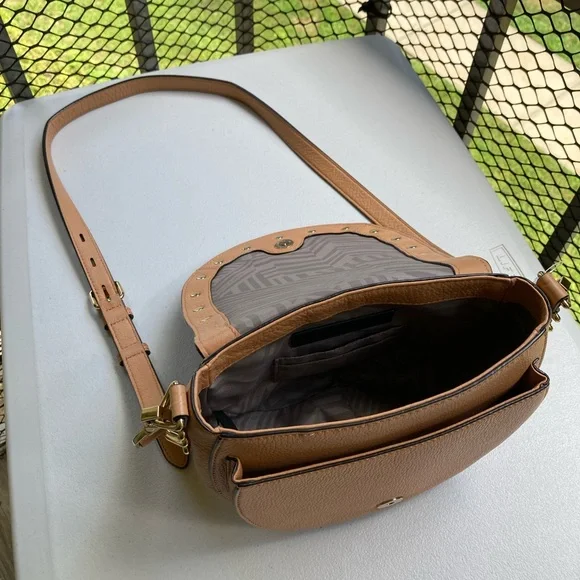 Rebecca Minkoff Tan Pebbeled Leather Saddle Bag Studded Crossbody Purse - Picture 14 of 17